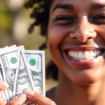 Person holding money and smiling.