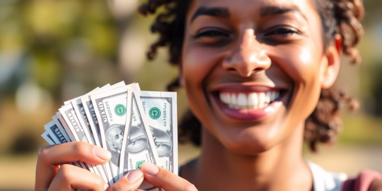 Person holding money and smiling.
