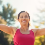 Woman happily exercising outdoors, achieving fitness goals.