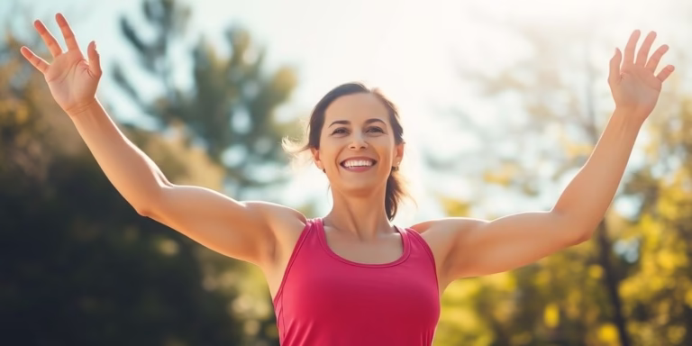 Woman happily exercising outdoors, achieving fitness goals.